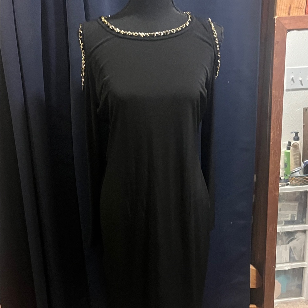 Calvin Klein Elegant Black Dress with Gold Accents and cold shoulder
